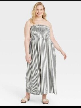Universal Threads Gray & White Striped Strapless Cotton Blend Maxi Dress Sz L